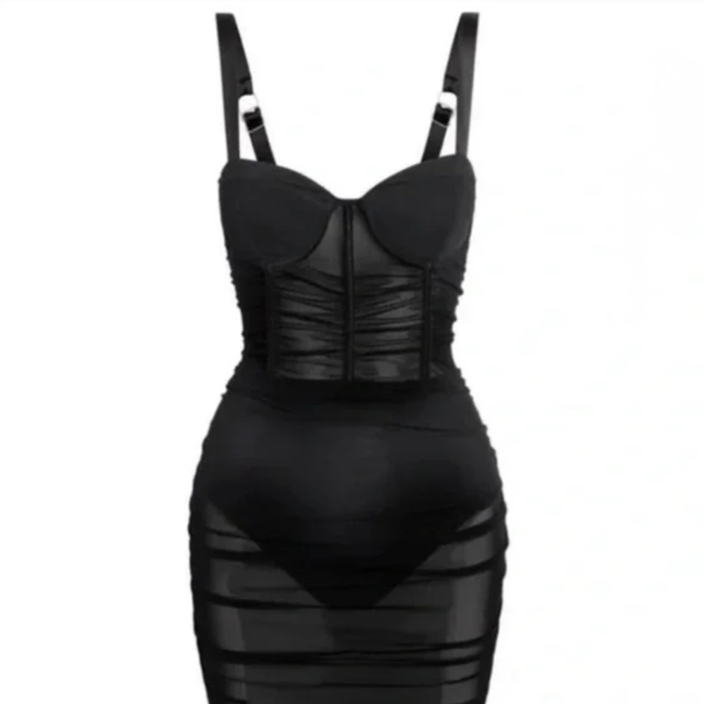 LEAU NWT Miami Mesh Mini Dress LG Black Sheer Ruched Boning Built-in Brief Liner
